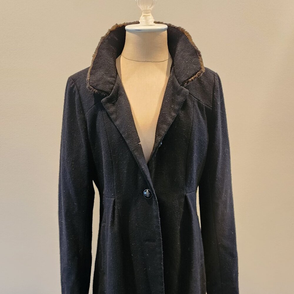 Express Wool Pea Coat with Cheetah Print Lining and Faux Fur Collar